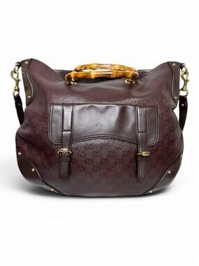 Gucci Guccissima Leather Burgundy Brown Bamboo Shoulder Caryall Tote Bag XL